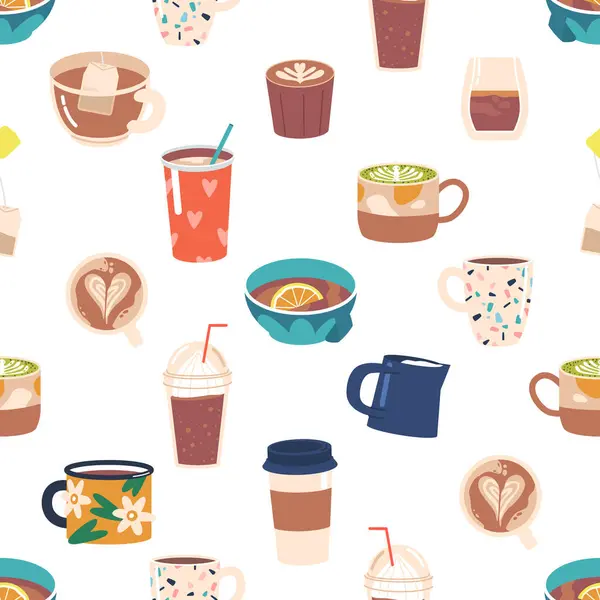 Восхитительный Бесшовный Узор Красочными Чашками Наполненными Различными Напитками Парящего Кофе — стоковый вектор