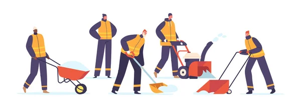 Personajele Profesionale Curățare Zăpezii Echipa Acțiune Curățarea Unei Străzi Urbane — Vector de stoc