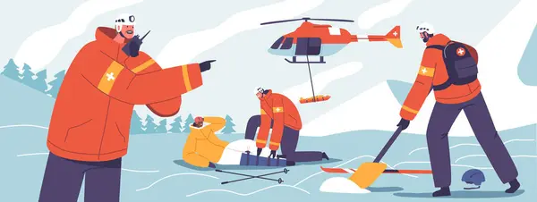 Räddare Karaktärer Airlift Skadad Skidåkare Från Den Karga Bergsterrassen Helikopter — Stock vektor