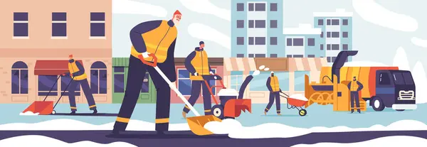 Dedicated Cleaner Characters Diligently Clear Streets Snow Use Shovels Wheelbarrows — Stock Vector