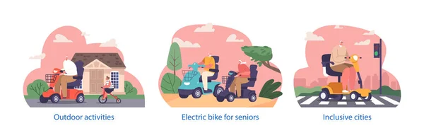 Isolated Elements Elderly People Characters Riding Wheelchair Scooters Embracing Life — Stock Vector