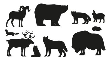 Kuzey Kutup Hayvanları Seti, Kutup Ayısı, Tilki ve Ermine 'in Siyah Siluetleri. Musk Ox, Hare, Wolverine ve Geyik Soğuğuna Uyumlu Yaratıklar Uzak Kuzeyin Buzlu Toprakları 'nda Gelişiyor. Tek Renkli Vektör Simgeleri