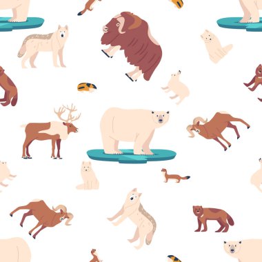 Arktik Hayvansal Düzen. Kutup Ayısı, Kurt ve Tilki, Lemming, Misk Öküz ve Tavşan ve Wolverine ile Geyik. Kış Diyarı 'ndaki Vahşi Yaşam Yaratıkları. Çizgi film Vektör İllüstrasyonu, Döşeme Arkaplanı