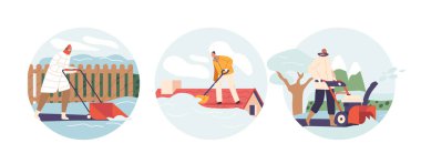 Karakterlerle İzole Edilmiş Yuvarlak Simgeler Kışlık Görev 'de Yeni Düşen Kar' ın Kır Bahçesi ve Çatısını Temizliyor. İnsanlar Mevsimsel Temizlik ve Sürme ile uğraşır. Çizgi film Vektör İllüstrasyonu