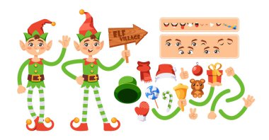 Noel Elf Karakteri Şenlik Kostümlü Vücut Parçaları ve Tatil Hediyeleri Yapımcısı. Beyaz arka planda izole edilmiş. Kuzey Kutbu Çizgi Film Vektör İllüstrasyonundan Sihirli Fantastik Kişilik