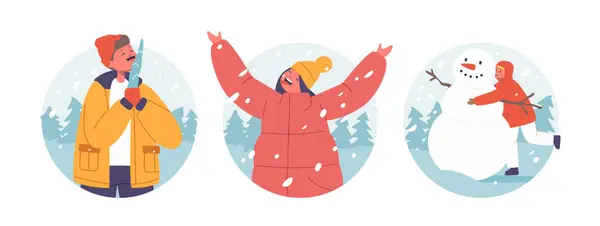 快乐童话般的人物的孤零零的圆形图标或阿凡塔 品尝着新鲜落雪和咀嚼冰柱 小男孩和小女孩享受着冬天的纯洁魔法 卡通人物矢量图解 — 图库矢量图片