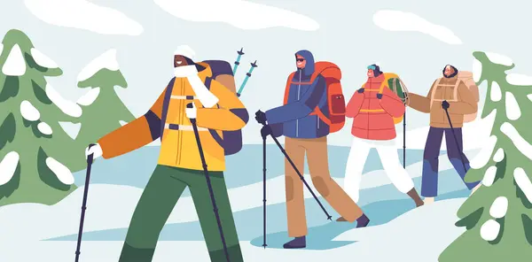 Maceracı Tırmanışçılar Çekici Sırt Çantaları Majestic Peaks Tırmanma Zirvenin Heyecanını — Stok Vektör