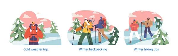 Odizolowane Elementy Śmiałymi Zimowymi Turystami Lub Postaciami Alpinistów Wyrusz Śnieżną — Wektor stockowy