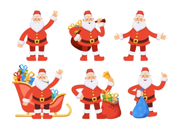 サンタクロース 隔離されたセット ジョリーはクリスマスのキャラクターをひげ 子供たちに喜びと贈り物を広げます 赤いスーツの父ノエル バッグ そして愛するホリデー図 ベクターイラスト — ストックベクタ