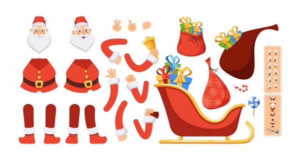 Cartoon Santa Claus Creation Kit. Father Noel Body Parts, Hands, Legs, Head, Gestures, Face Emotions, Sled with Gifts, Sack, Presents, Candy, Lollipop and Bell. Vector Illustration, Xmas Constructor