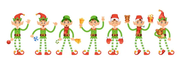 Söt Lekfull Jul Alv Pojke Jultomten Hjälpare Grön Kostym Och — Stock vektor