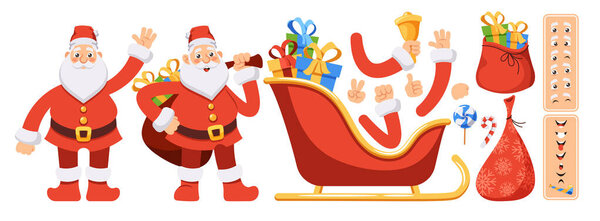 Cartoon Santa Claus Creation Kit. Father Noel Body Parts, Hands, Legs, Head, Gestures, Face Emotions, Sack, Presents, Candy, Lollipop and Bell, Sled with Gifts. Vector Illustration, Xmas Constructor