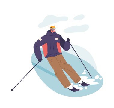 Becerikli Kayak Karakteri, zorlu bir dağ Slalom 'unda ustalıkla gezinerek, Taze Karlar Arasında Taze Alp Düzeninde Keskin Çizgiler oyuyor. Çizgi film İnsanları Vektör İllüstrasyonu