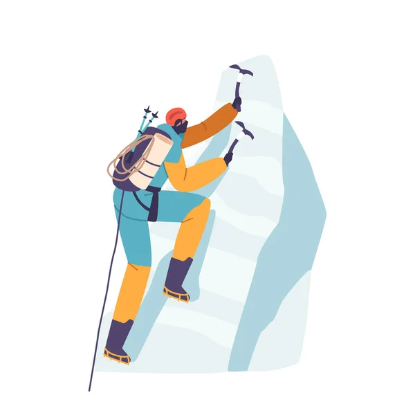 Fearless Rock Climber Character Conquers Vertical Challenge Scaling Rugged Cliff — Stock Vector