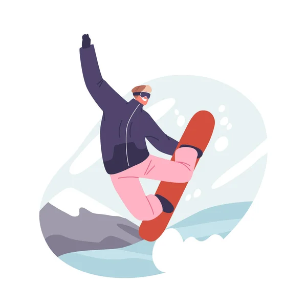Happy Snowboarder Riding Snowboard Snow Slopes Tijdens Wintervakantie Sportman Veel — Stockvector