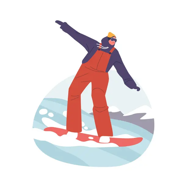Happy Snowboarder Riding Snowboard Snow Slopes Durante Vacanze Invernali Sportivo — Vettoriale Stock