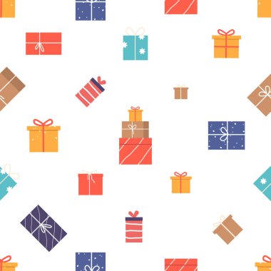 Renkli hediye kutuları içeren şenliksiz desenler tatil dekorasyonlarına, kartlara ve ambalaj kağıdı tasarımlarına bir tutam kutlama ve neşe katmak için mükemmel. Çizgi film Vektör İllüstrasyonu