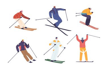 Slalom Sporcuları Erkek ve Kadın Karakterleri Zafer Yolunda Becerikli Kayak Seti. Profesyonel üniforma giyen ve dişli kayak yapan erkekler ve kadınlar. Çizgi film İnsanları Vektör İllüstrasyonu