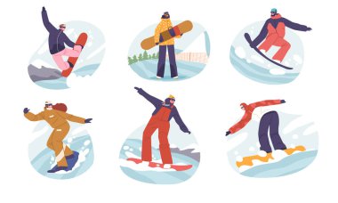 Kış Aktivitesi ve Ekstrem Açık Hava Snowboard Sporu 'nu ayarla. Spor Kostümlü Erkekler ve Kadınlar Snowboard 'larla Zıplama Hareketleri Yapıyor. Ski Resort 'ta eğitim. Çizgi film Vektör İllüstrasyonu