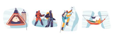 Korkusuz Kaya Dağcısı Karakterleri Uçurumları fetheder, her adımda yerçekimine meydan okur. Kararlılıkları ve yetenekleri onları heyecan verici yüksekliklere çıkartıyor. Çizgi film İnsanları Vektör İllüstrasyonu