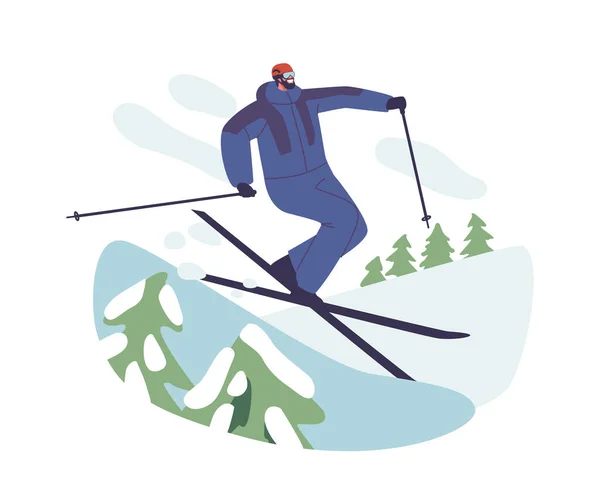 成熟的滑雪者男性角色制造技巧 精准征服高山斜坡 在风景如画的高山环境中编织雪地 卡通人物矢量图解 — 图库矢量图片