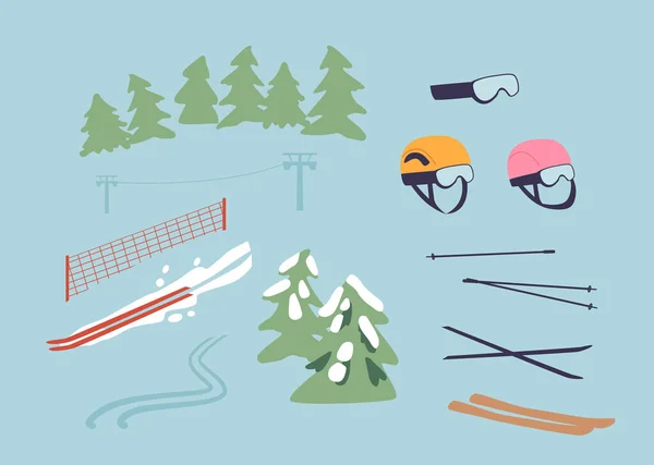 Mountain Slalom Items Sturdy Skis Agile Poles Snug Fitting Helmet — Stock Vector