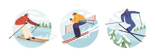 Iconos Redondos Aislados Avatares Los Deportistas Slalom Personajes Navegar Hábilmente — Vector de stock