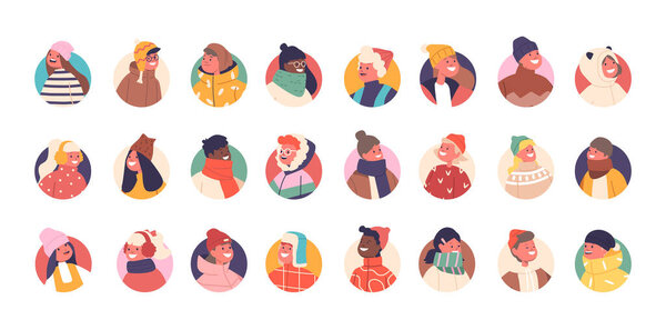 Разнообразные детские аватары, упакованные в уютный зимний наряд, излучающие тепло и зимнее чудо. Портреты персонажей "Маленьких мальчиков и девочек", "Круглые иконы". Вектор карикатурных людей