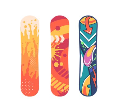 Kar üzerinde süzülmek için tasarlanmış snowboardlar, parlak, düz tahtalar. Heyecan verici kış sporları için hayati araçlar, sürücülerin kar yamaçlarında stil yapmalarına ve sürmelerine izin vermek. Çizgi film Vektör İllüstrasyonu