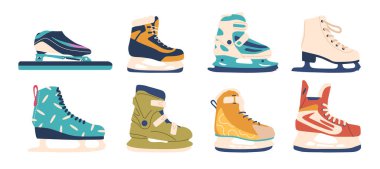 Buz patenleri, ustalıkla hazırlanmış bıçaklar, rahat botlar ve donmuş pistlerde zahmetsizce süzülmek için zarif bir tasarım. Kış etkinlikleri için temel kış teçhizatı. Çizgi film Vektör İllüstrasyonu