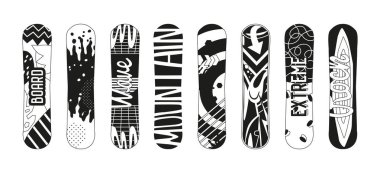 Kar tahtası siyah ve beyaz ikonlar, şık, şık ve kış sporu tutkunları için gerekli. Bu minimalist semboller bayırları parçalamanın heyecanını temsil ediyor. Tek Renkli Vektör İllüstrasyonu