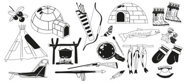 Bir takım Eskimo Malzemeleri ve Geleneksel Aletler. Siyah ve Beyaz Igloo, Eldiven, Mukluk, Ulu ve Zıpkın. Kızak, tef, kazan ve balık. Yay, Ok, Tüy ve Böğürtlen. Çizgi film Vektör İllüstrasyonu