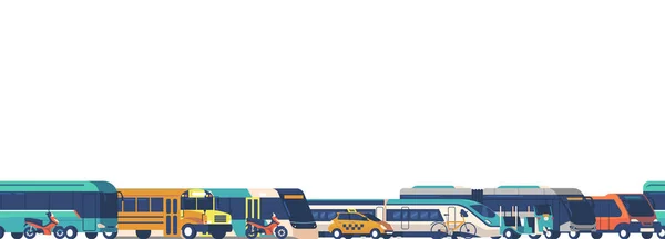 公共交通機関 タクシーおよびトラムの配列を特色にする振動性の継ぎ目が無いパターン 都市旅行のダイナミックエッセンスをキャプチャする繰り返しデザイン 漫画ベクター横の壁紙 ボーダー — ストックベクタ