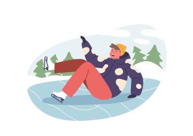 Çocuk karakteri ışıldayan buz pateni pistinde zarifçe süzülüyor, heyecandan yere düşüyor. Her adım Joy 'u getiriyor, kışın Harikalar Diyarı' nı kucaklarken. Çizgi film İnsanları Vektör İllüstrasyonu