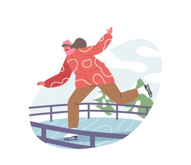 Zarif kız arka bahçedeki buz pateni pistinde süzülüyor, kıvrılıyor ve dönüyor, ışıldayan güzelliğin izini bırakıyor. Çocuk Karakteri: Açık hava Kış Eğlencesi ve Etkinlikleri. Çizgi film İnsanları Vektör İllüstrasyonu