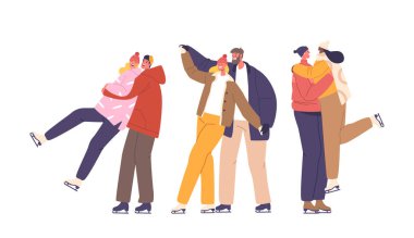 Buz Pistinde Dans Eden Romantik Çiftler. Erkek ve kadın karakterler zarafetle süzülür, el ele tutuşur, sarılır ve eğlenir, büyüleyici kış aşk ve neşe dansı yaratır. Çizgi film İnsanları Vektör İllüstrasyonu