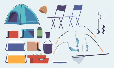 Kış Balıkçılığı Malzemeleri Ayarlandı. Kış Açı Maceralarını Başarılı kılmak için Yalıtımlı Vites, Buz Açacağı, ve Alet Kutusu, Çadır, Sandalye, Şapka, Termos ve Net veya Kova. Çizgi film Vektör İllüstrasyonu