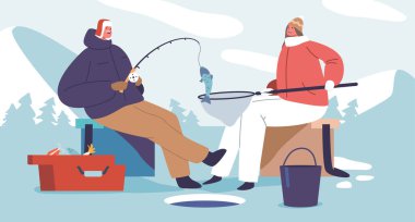 Çift karakterler, sıcak kış dişlilerine sarılı, donmuş bir gölde yüz yüze oturuyorlar, ellerinde çubuklar, birlikte buz balıkçılığının huzurlu bir gününün tadını çıkarırken gülümsüyorlar. Çizgi film İnsanları Vektör İllüstrasyonu