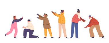 Çocuk karakterler, kışın sıcacık elbiseleriyle, pembe yanakları ve parlak gülümsemeleriyle, Karlı Harikalar Diyarı 'nı kucaklayarak, sıcaklığı ve soğuğun ortasında neşeyi kucaklayarak sarılır. İzole Çizgi Film İnsanları Vektör İllüstrasyonu