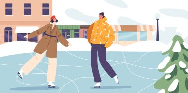 Erkek ve kadın karakterler buz pateni pistinde zarif bir şekilde süzülüyor, gülüşleri şehrin ışıkları kadar parlak parlıyor, resim gibi bir kış sahnesi yaratıyor. Çizgi film İnsanları Vektör İllüstrasyonu