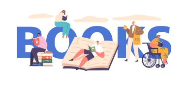 Kitap kavramı. Okumaya, Sessizliğe, Odaklanmaya, Nişanlı Zihinlere dalmış Karakterler. Hikayelere duyulan sevgiyi paylaşıp, okudukları gibi onları bilinmeyen gerçekliklere taşıyordu. Çizgi film Vektör Posteri, Sancak veya Flyer