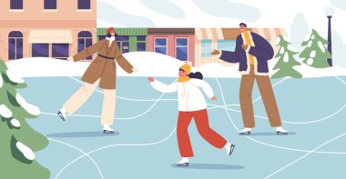 Neşeli ebeveynler ve küçük kızları şehir pistinde parıldayan şehir ışıklarının arasında yankılanan kahkahalar serin bir akşamda yürek ısıtan anılar yaratıyorlar. Çizgi film Vektör İllüstrasyonu