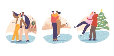 Parlak bir buz pateni pistinde el ele süzülen romantik çift karakterleri. Aşk ve Kahkaha Frosty Air 'i doldurur, Mükemmel bir Kış Akşamı veya Randevu. Çizgi film İnsanları Vektör İllüstrasyonu