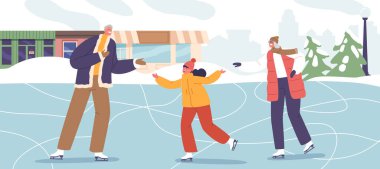 Büyükbaba ve küçük kız karakterleri, sevgi ve sevinçle dolu bir kış gününde, şehrin diğer ucundaki buz pateni pistinde gülüşmeler ve hatıralar yaratarak süzülüyorlar. Çizgi film İnsanları Vektör İllüstrasyonu