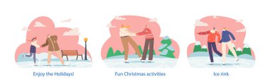 Romantik Çift Karakterleriyle İzole Edilmiş Özellikler Işıldayan Buz Pistinde, Tatillerin ve Noel Aktivitelerinin, Tatilin ya da Kış Gününün tadını çıkartıyor. Çizgi film İnsanları Vektör İllüstrasyonu