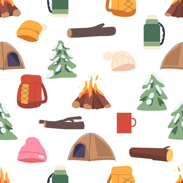 Seamless Pattern Winter Camping Items Campfire Woods Brushwood Spruces Cold — Stock Vector