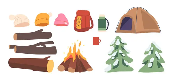Winter Camping Items Campfire Woods Brushwood Spruces Cold Weather Tent — Stock Vector