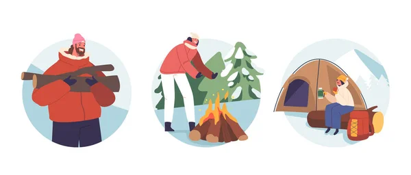 Isolated Icons Avatars Family Characters Winter Camping Cozy Campfire Father — Stock Vector