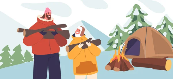 Vader Zoon Verzamelen Brushwood Tijdens Winter Camping Adventure Karakters Besteden — Stockvector