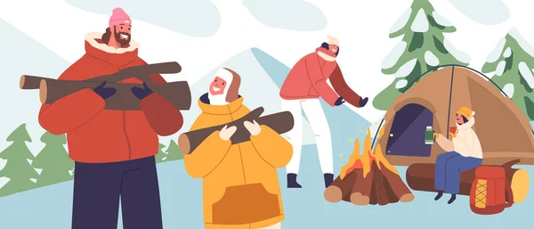 Familie Karakters Winter Camping Met Gezellig Kampvuur Sneeuwbeladen Avontuur Quality — Stockvector